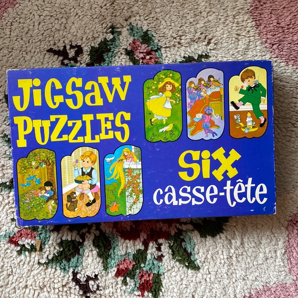 Vintage Jigsaw Puzzles in the tubes set of six, little miss muffet, rapunzel
